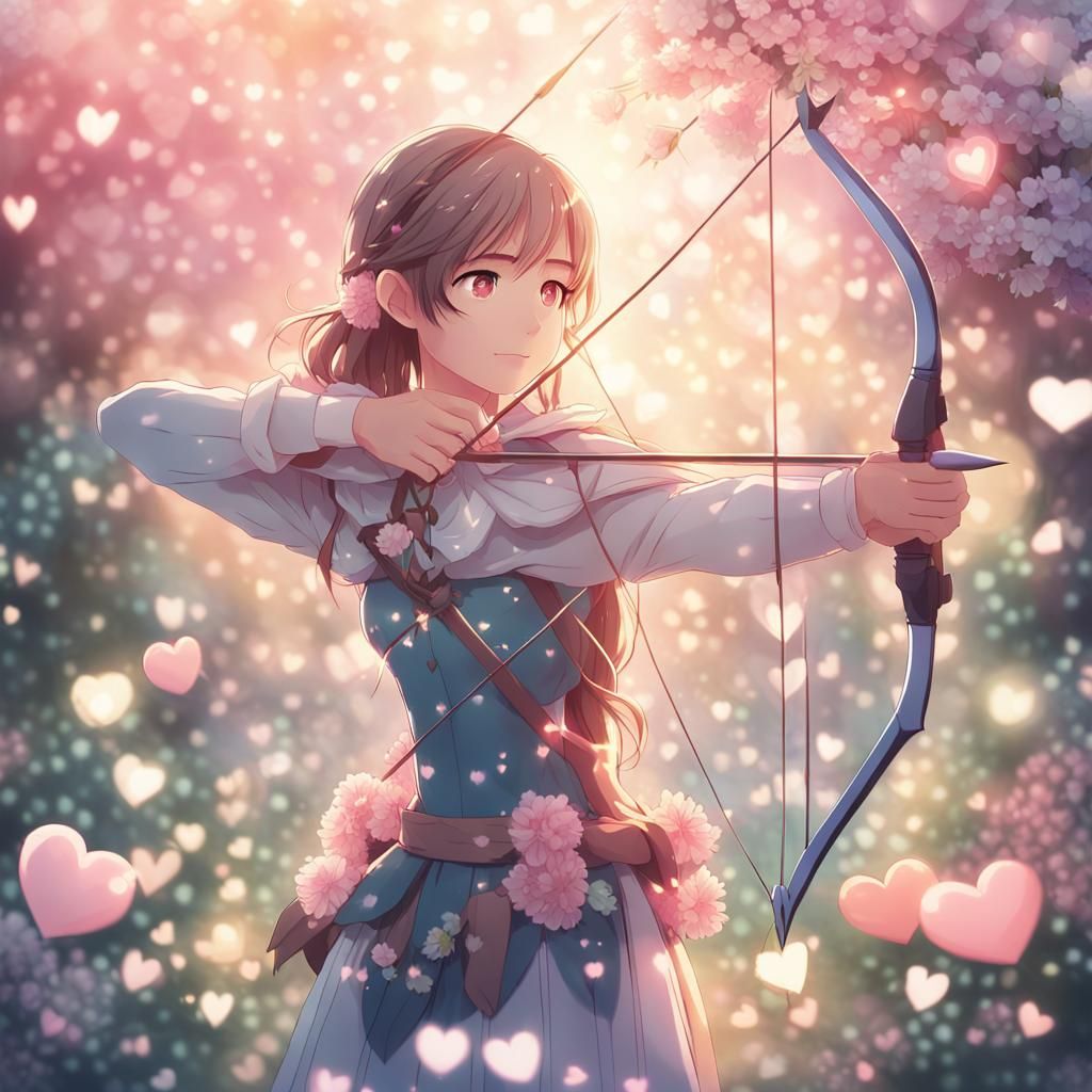 Anime Archer in Pastel Garden with Hearts