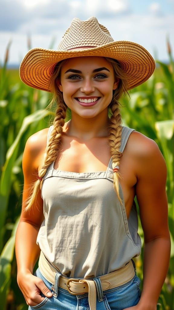 Happy Farmer Girl in Corn Field