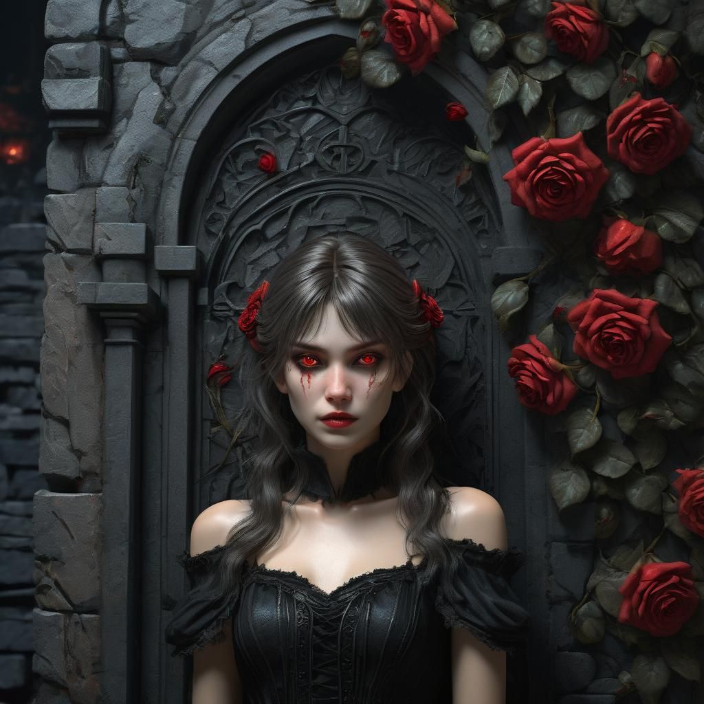 Elegant Vampire Portrait with Roses, Art Nouveau Style