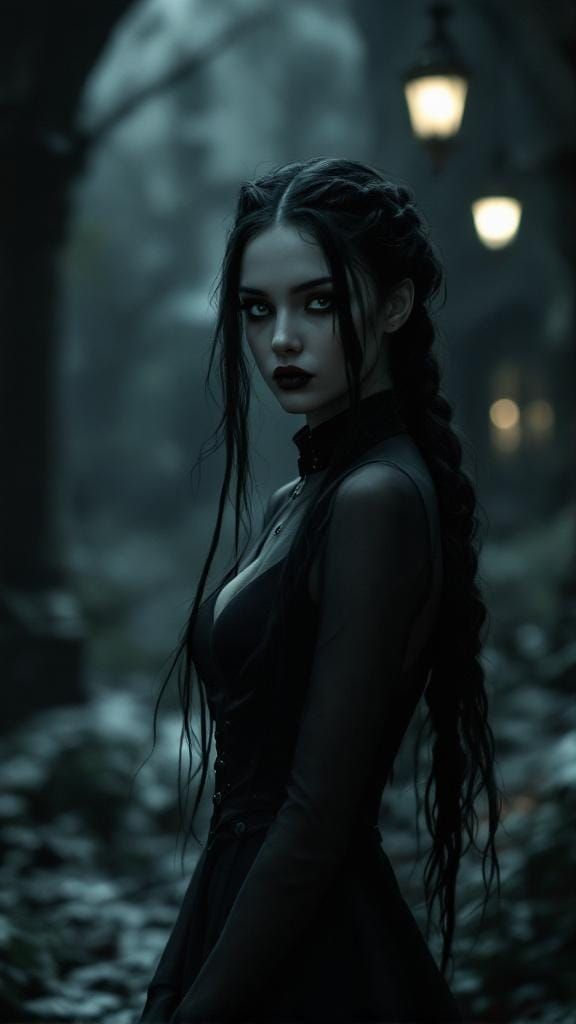 Gothic Woman in Misty Mansion, Tim Burton Style