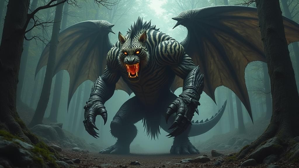 Giant Fusion Monster in Dark Forest, Gothic Illustration