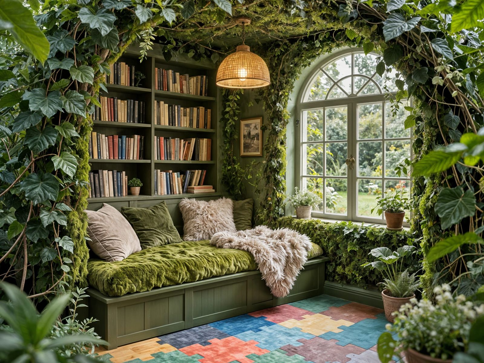 Whimsical Moss-Green Reading Nook with Garden View
