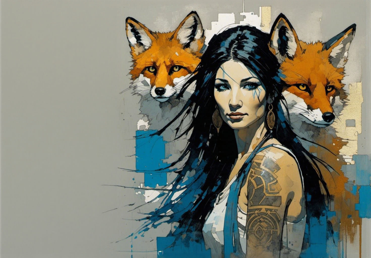 Tattooed Shaman Woman with Fox in Cyberpunk Style