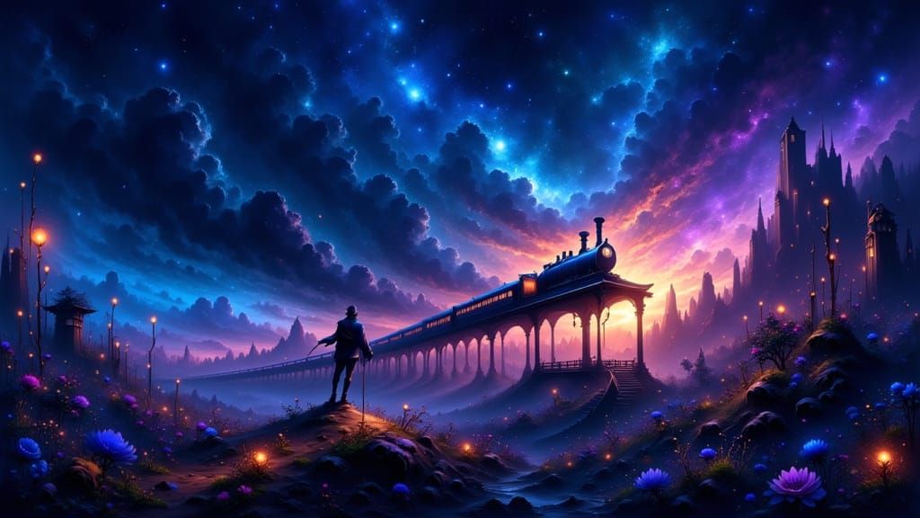 Mysterious Night Train Under Starry Sky in Matte Painting St...