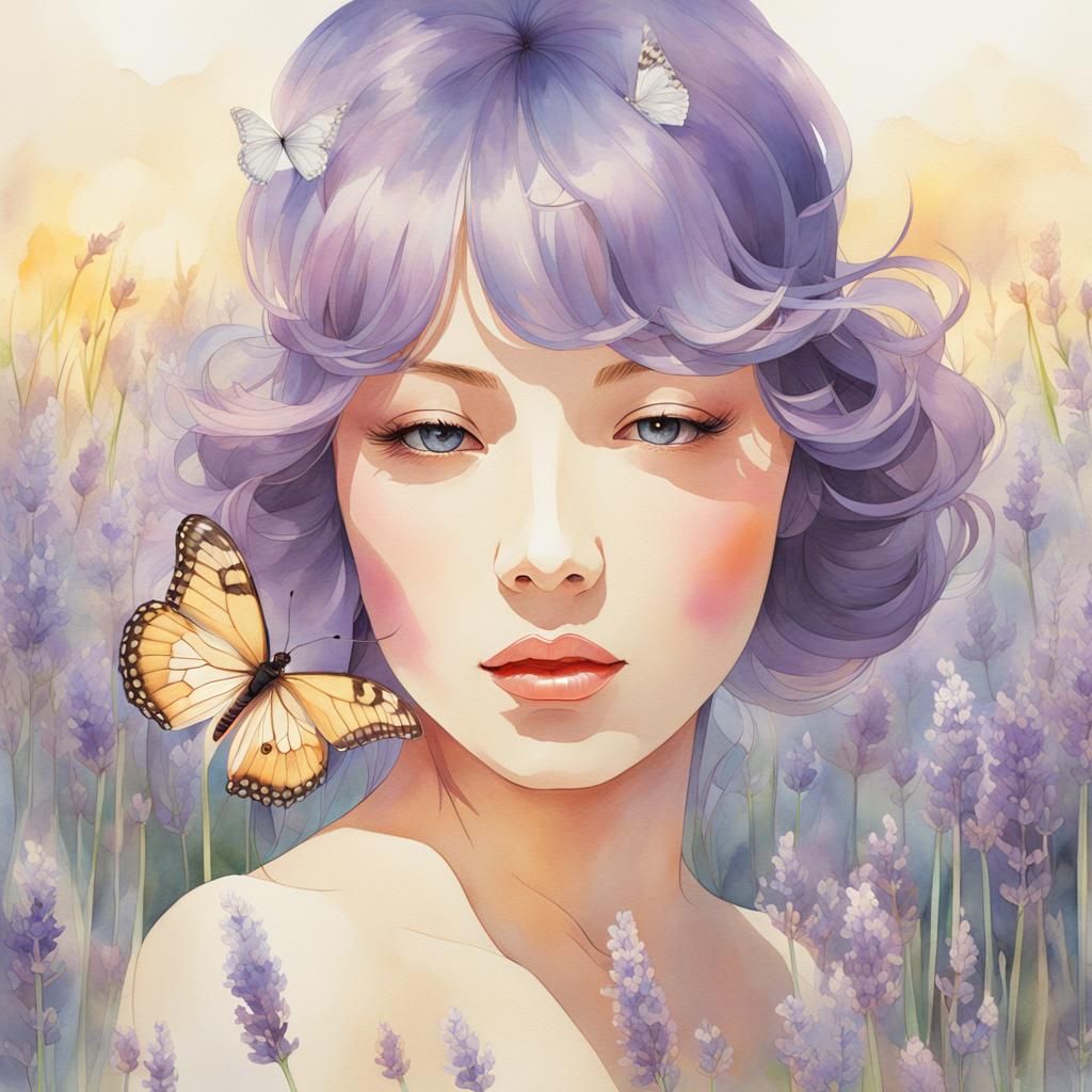 Butterfly and Lavender Field in Watercolor Style