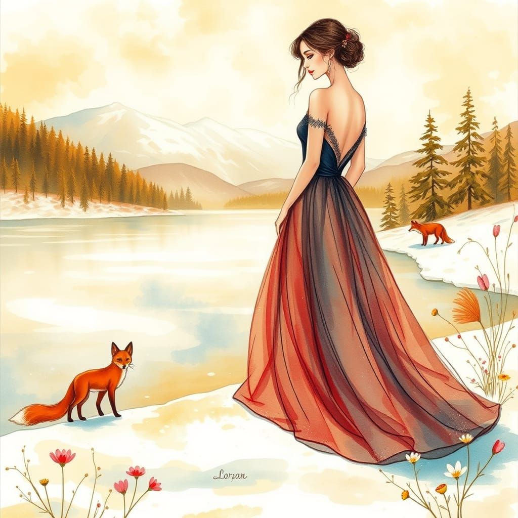 Colorful Fairytale Girl on Winter Wonderland Lake