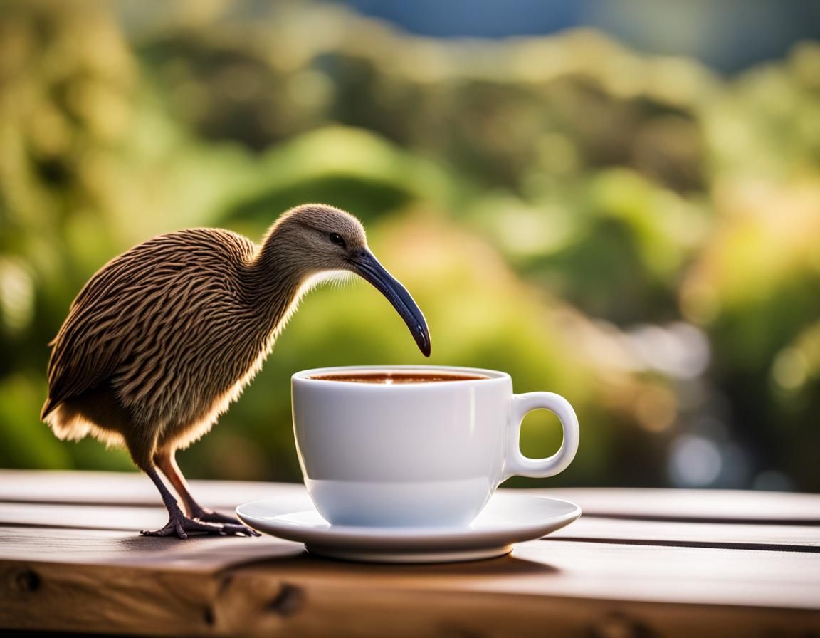 Kiwi Bird Enjoys Coffee: Professional Photography