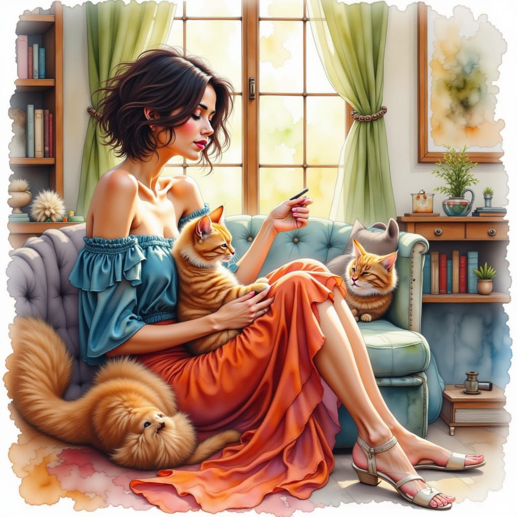 Woman and Cat on Couch in Expressive Watercolor Style