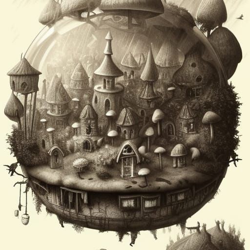 Magical Mushroom Village in Terrarium, Pencil Sketch
