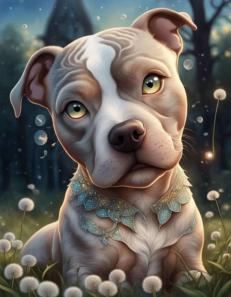 Chibi Pitbull Puppy with Dandelion Seeds in Gond Art