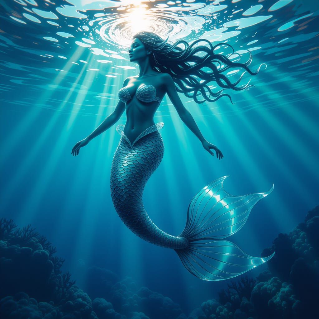 Glass Mermaid Underwater: Matte Painting Style