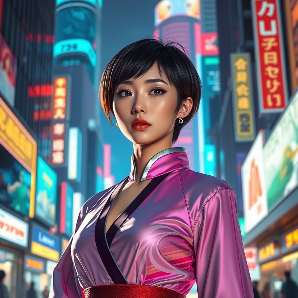 Futuristic Korean Woman in Neon Cityscape