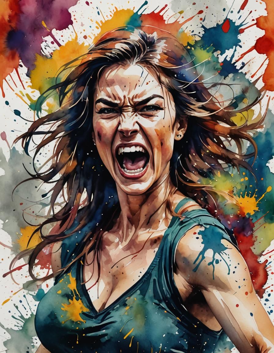 Dynamic Watercolor of Woman Charging Forward