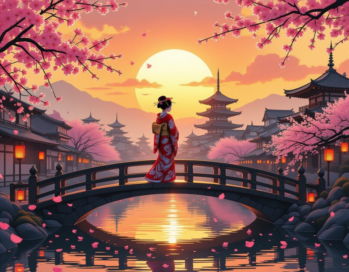 Geisha on Stone Bridge at Sunset, Cherry Blossoms and Lanter...