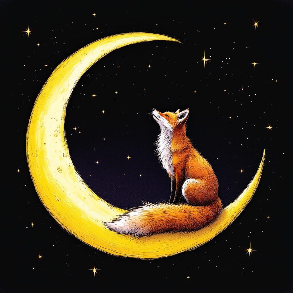 Fox on Crescent Moon Under Starry Sky