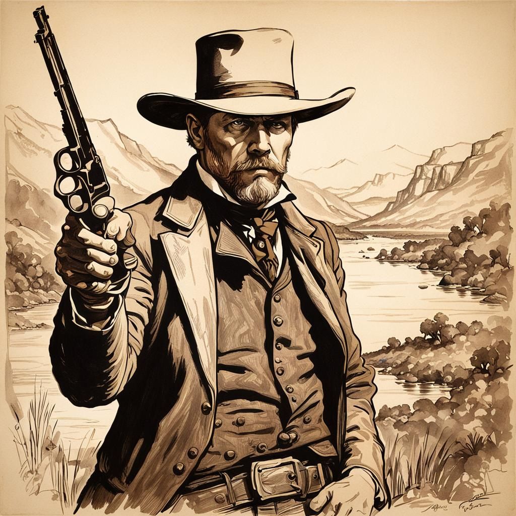 Jesse James Portrait: Art Nouveau Ink Drawing