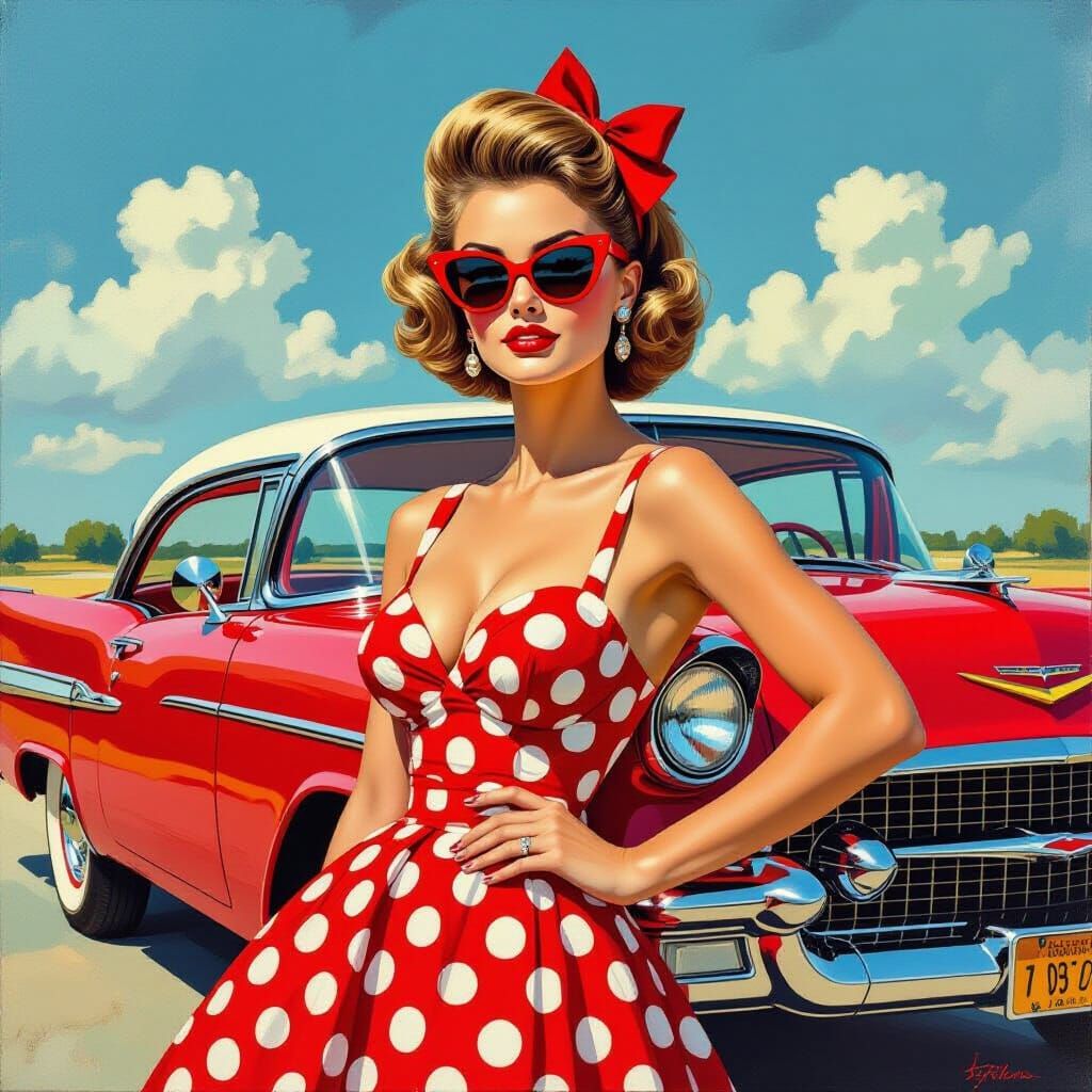 Chic 1950s Woman Poses With Classic Muscle Car