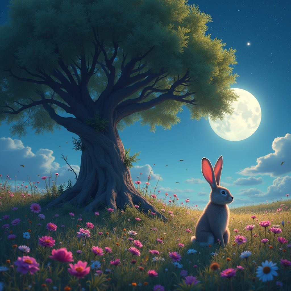 Whimsical Moonlit Prairie Scene with Majestic Rabbit and Blo...