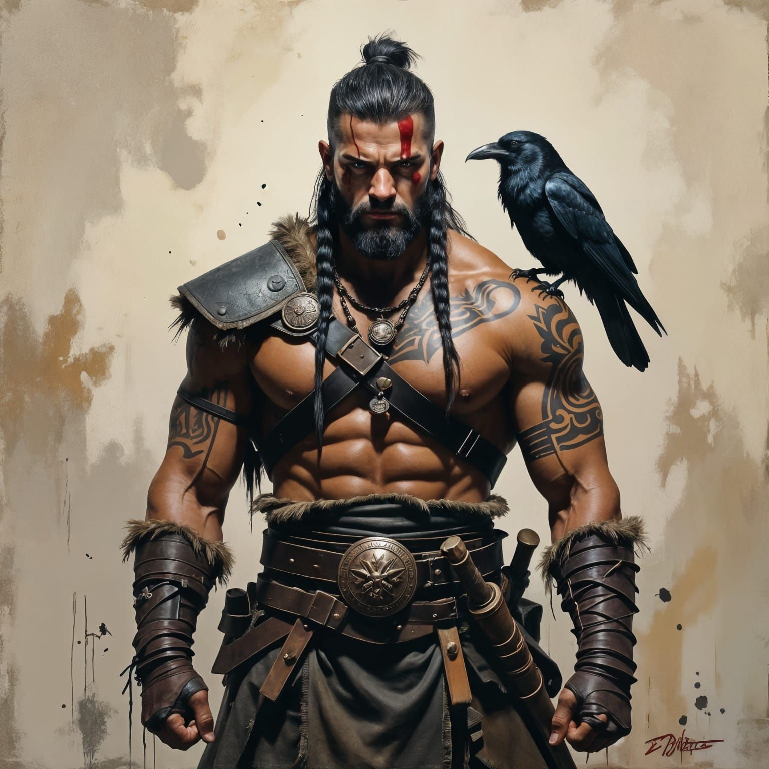 Dark Fantasy Warrior Portrait with Raven