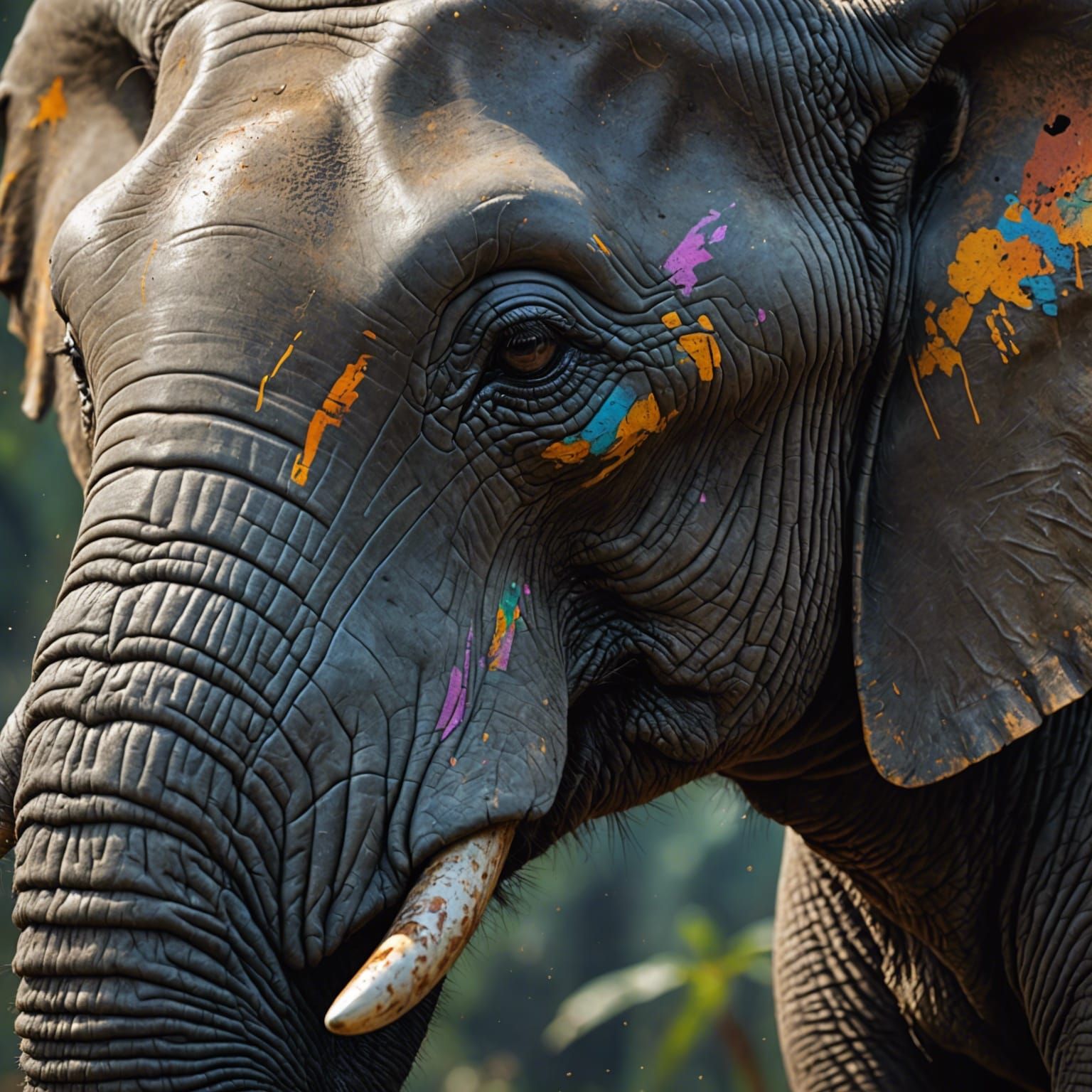 Realistic Elephant Face Close-Up in Splash Art Style