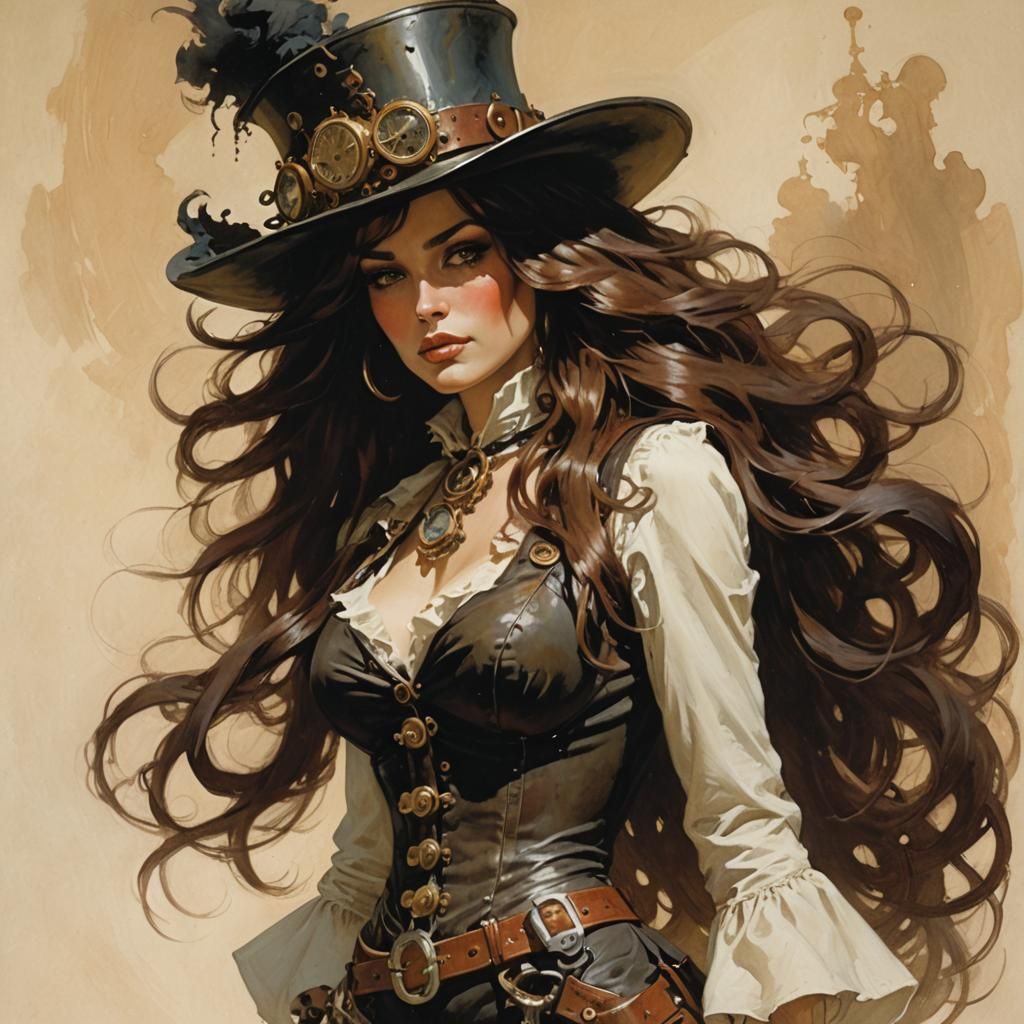 Steampunk Woman with Flowing Hair in Fantasy Style