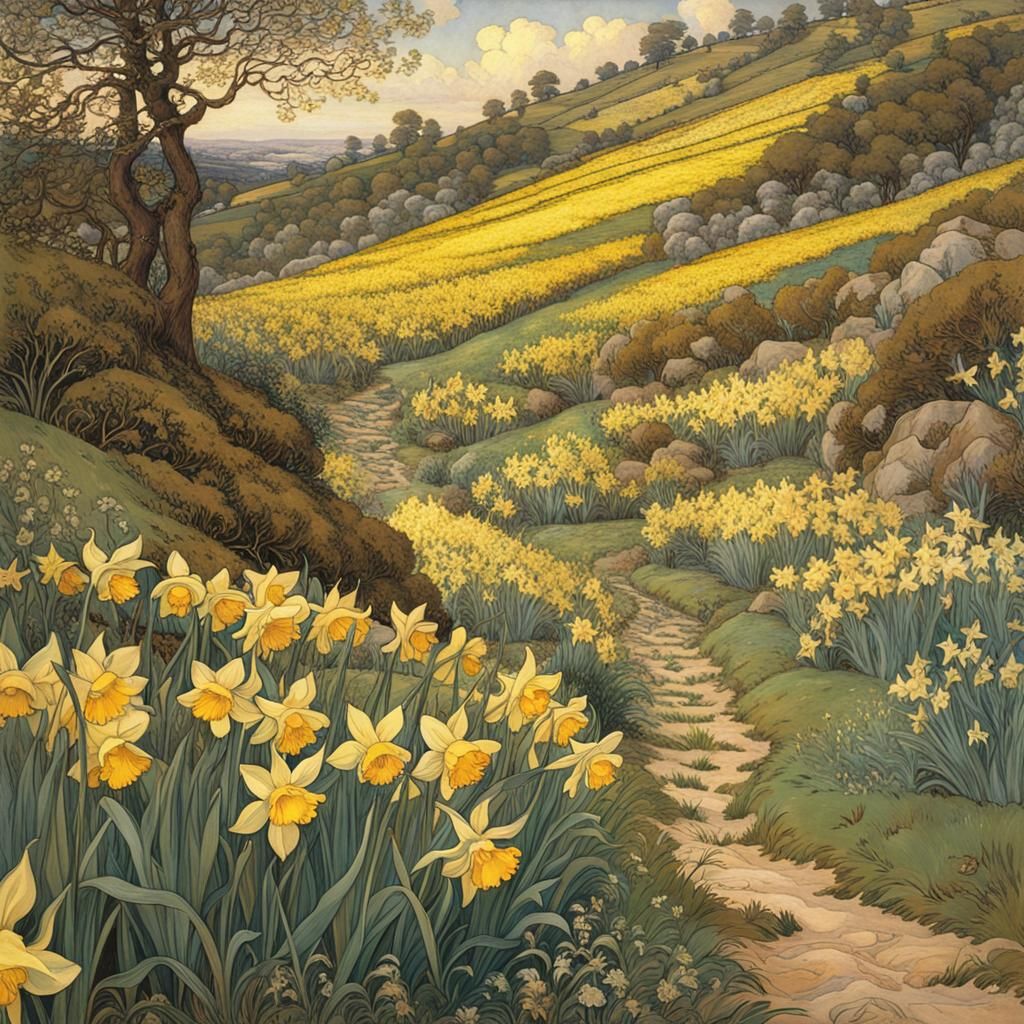 Daffodils in Bloom: A Pre-Raphaelite Anime Landscape