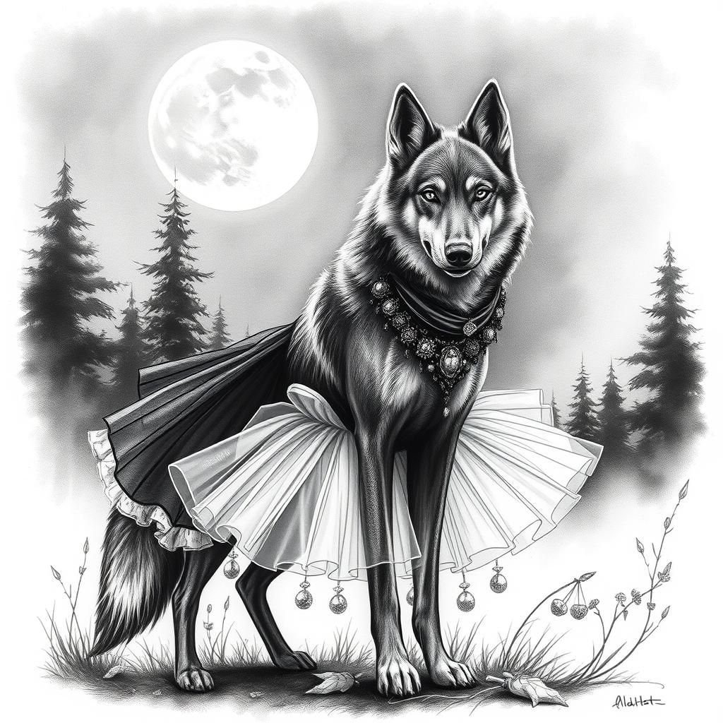 A wolf dog wearing a black and white tutu