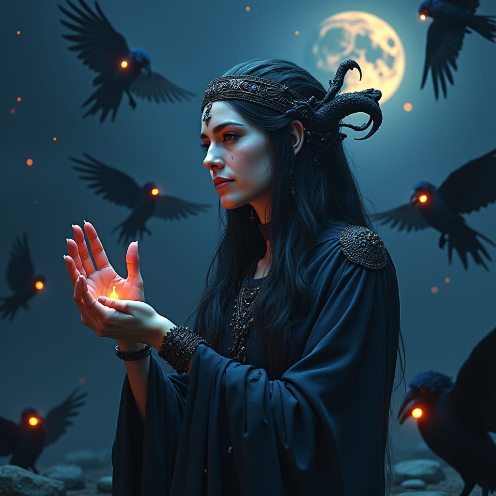 Raven Goddess in Mystical Night Sky