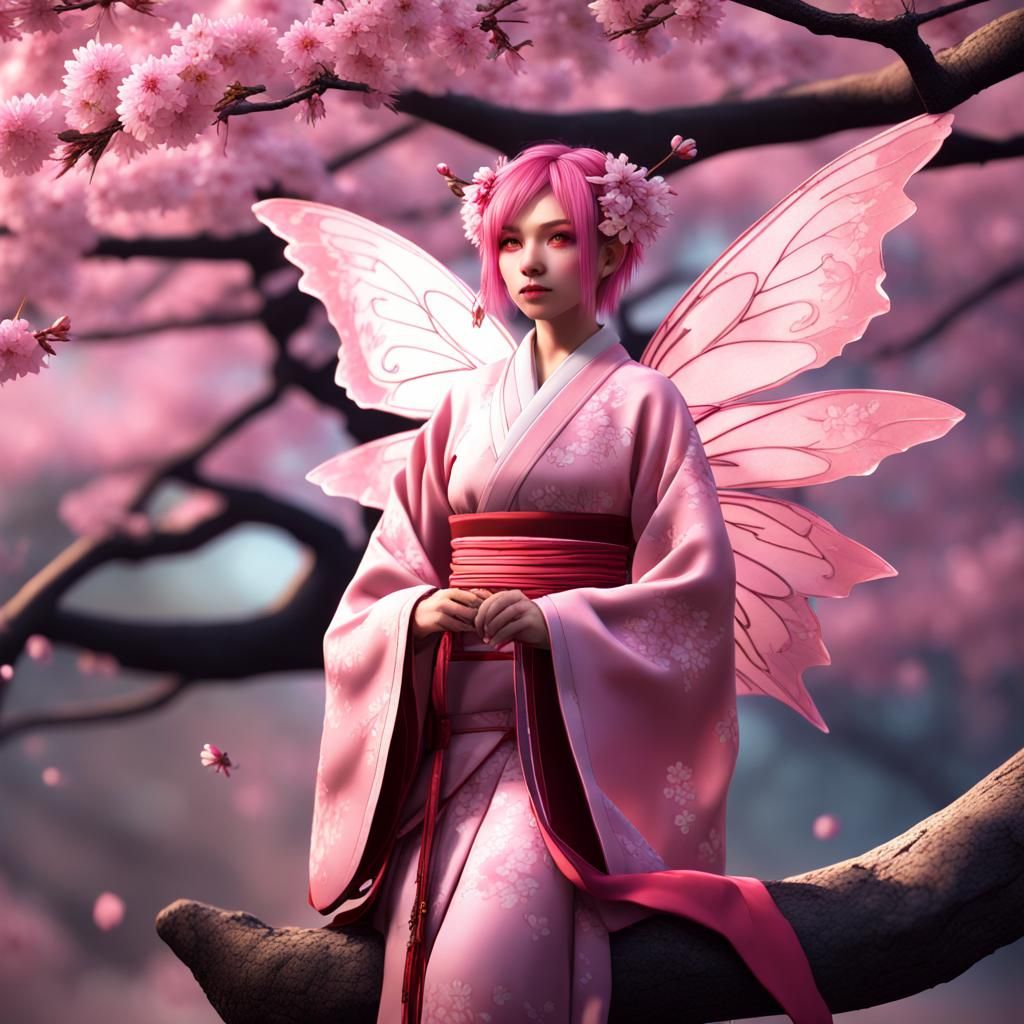 Cherry Blossom Fairy in Pink Kimono: Fantasy Art