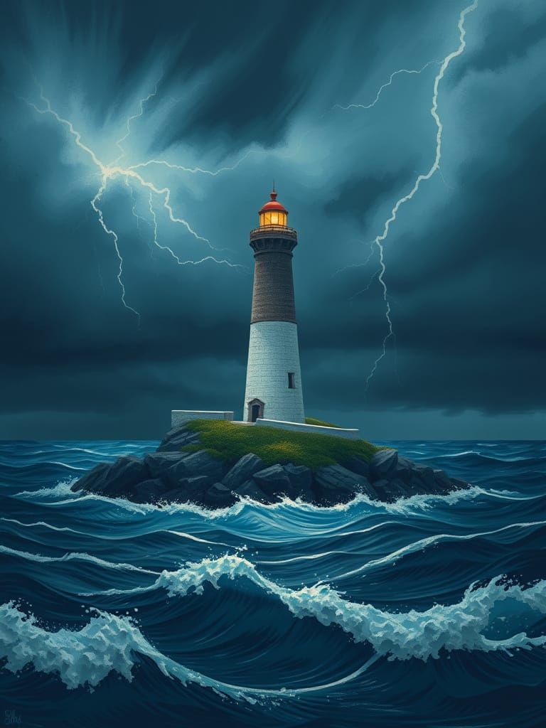 Impasto Stormy Seas Lighthouse at Sea