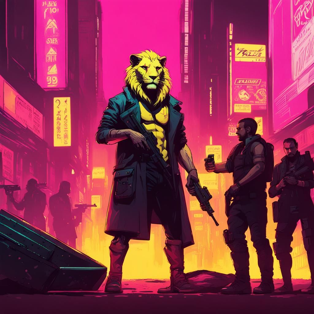 Cyberpunk Lion Protector Against Snake People