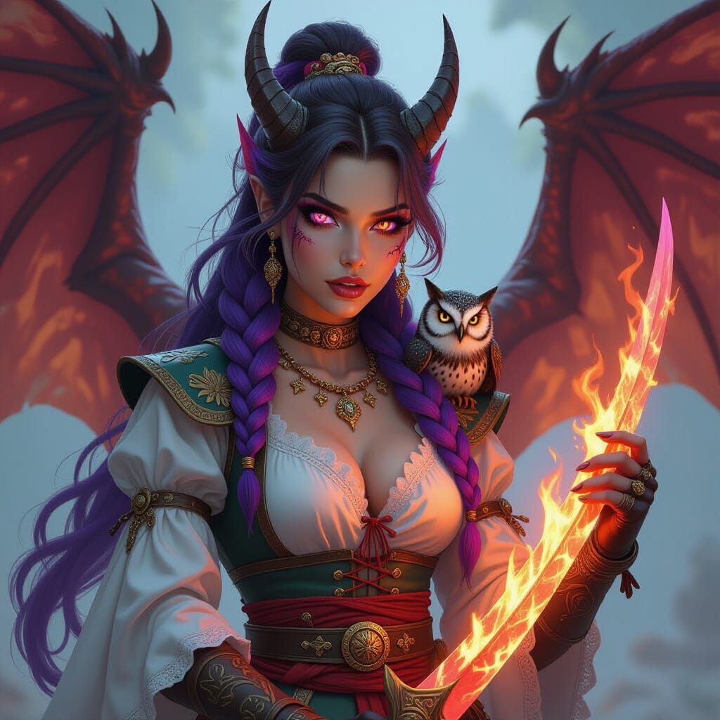 Dragon-Winged Princess Warrior with Fiery Sword
