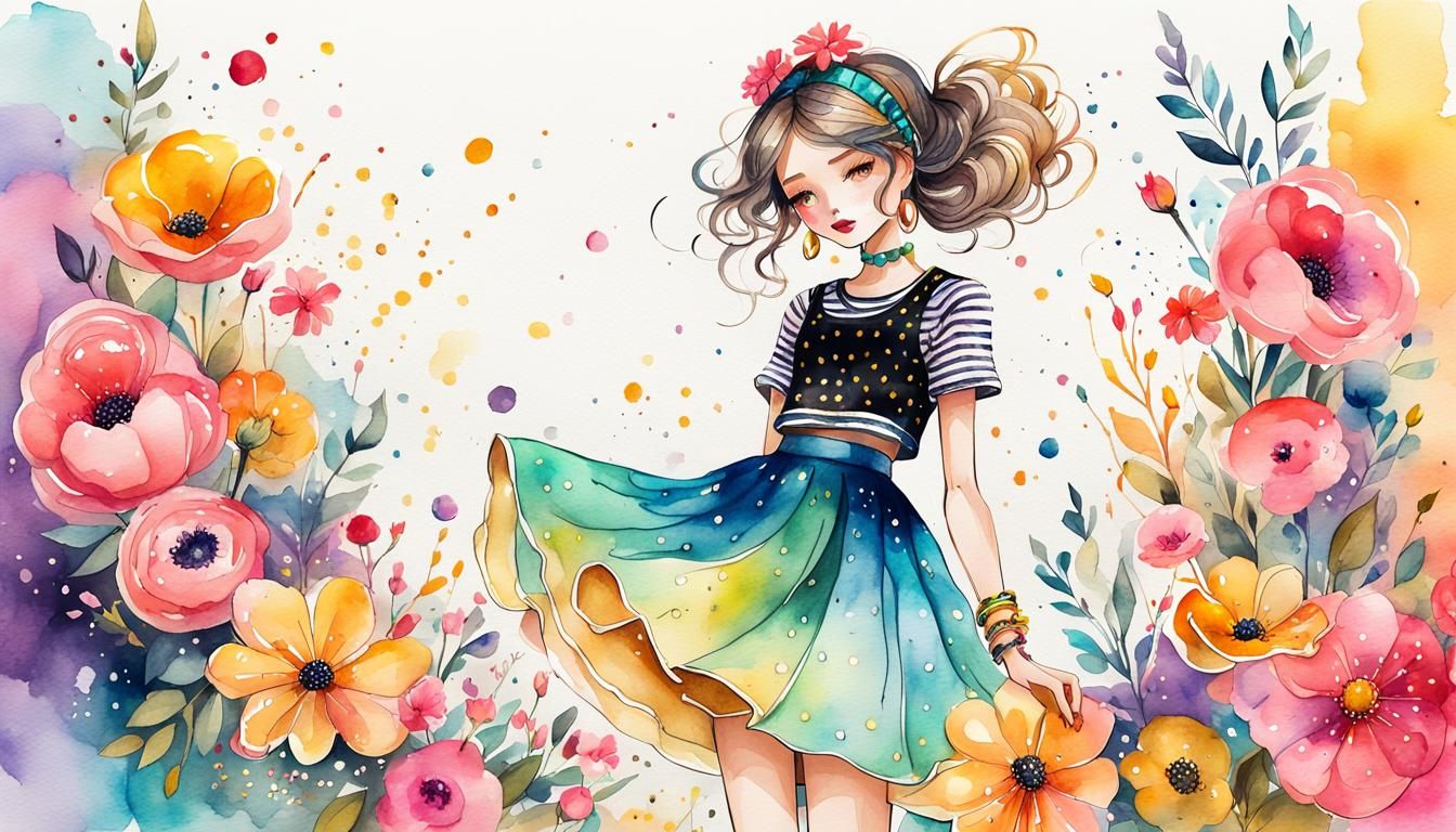Whimsical Girl in Watercolor Illustration