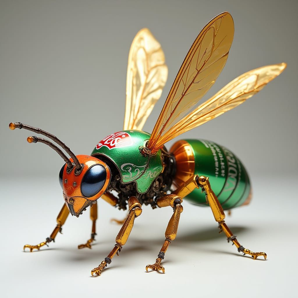 Recycled Soda Can Wasp: Eco-Artistic Metallic Sculpture