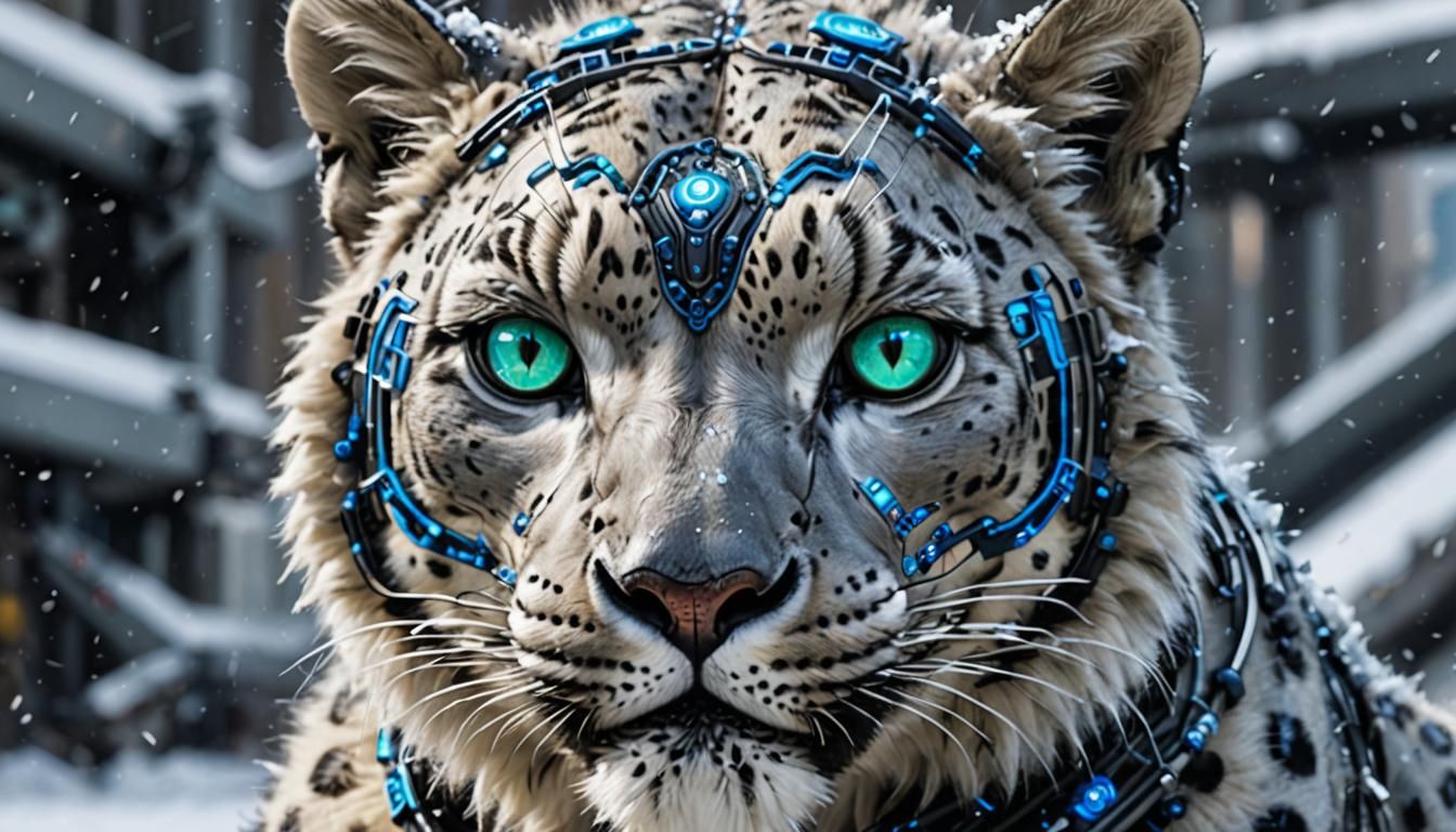 Cyborg Snow Leopard in a Ruined Landscape