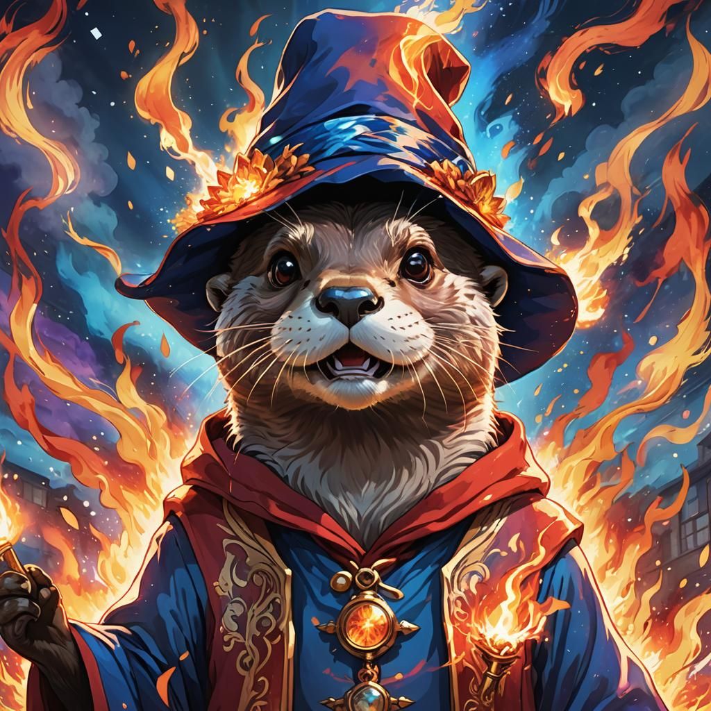 Anime Otter Wizard Casting a Fire Spell
