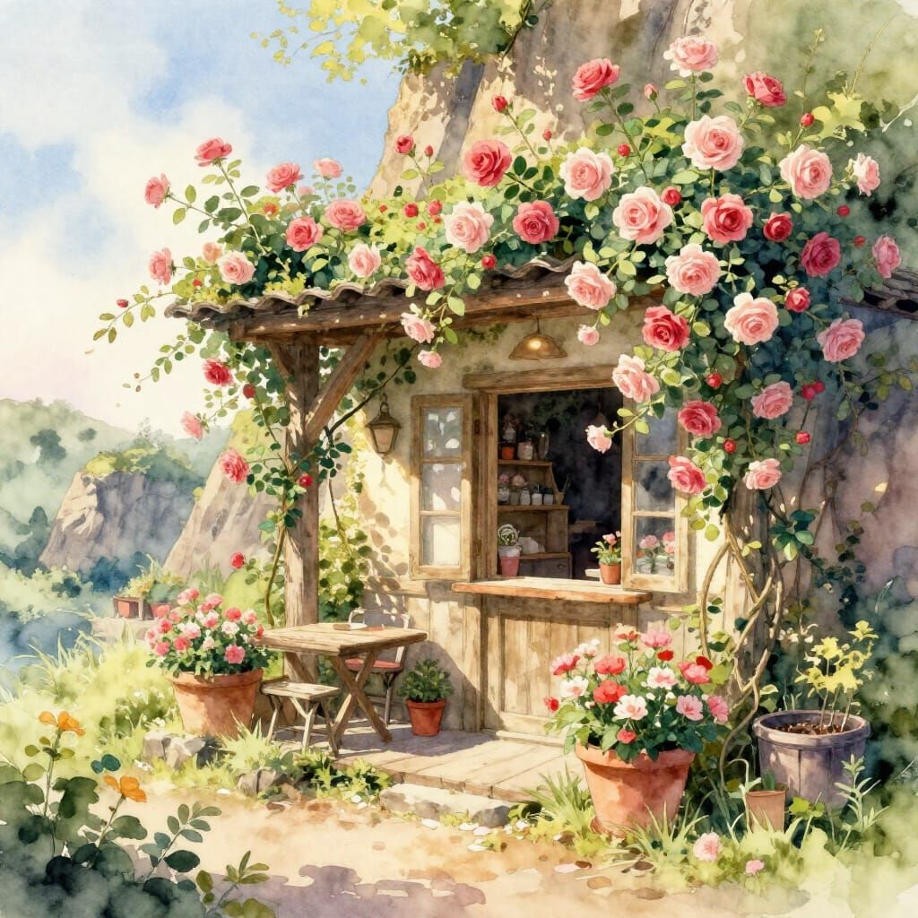 Enchanted Cliffside Cafe with Roses in Painterly Style