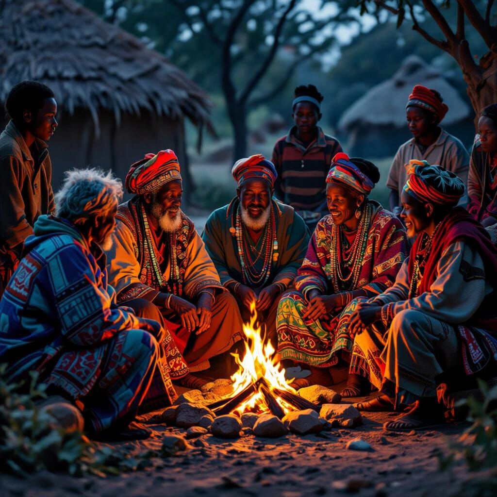 African Elders Sharing Stories Around Fire