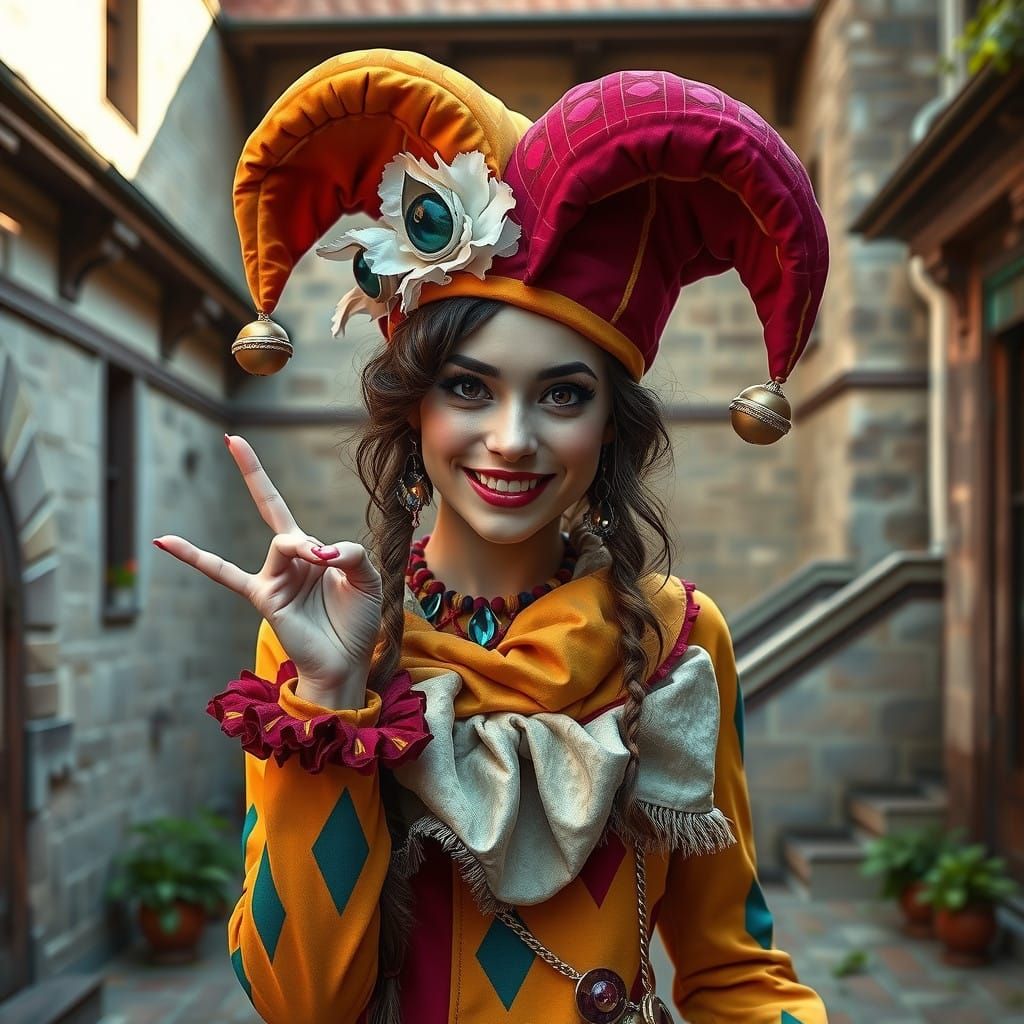 Whimsical Jester Maiden in Vibrant Fairytale Castle