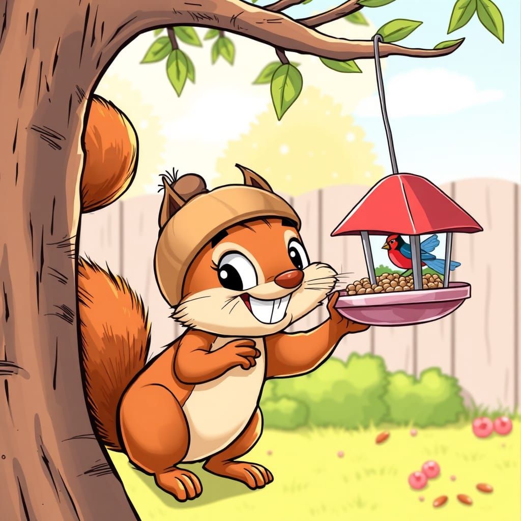 Cartoon Squirrel Stealing Seeds, Comic Book Style