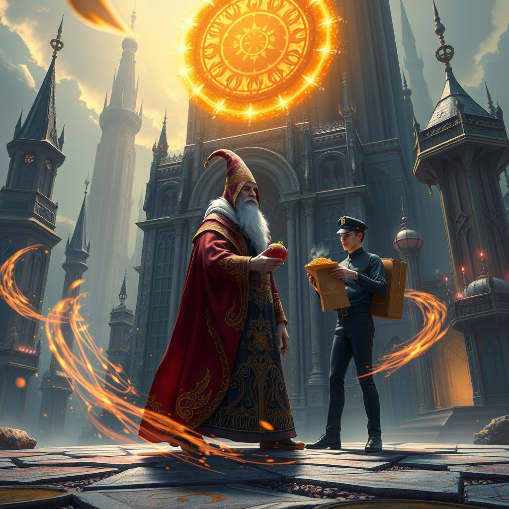 Wizard Receives Doordash in Fantasy Cityscape