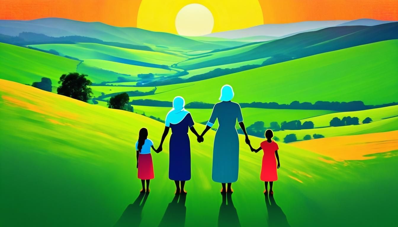 Women Watch Sunrise in Valley: Abstract Art