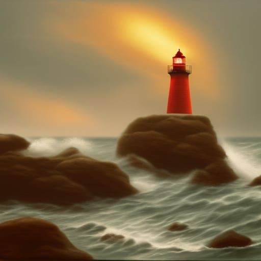 Red Lighthouse in Stormy Seas: Oil on Canvas