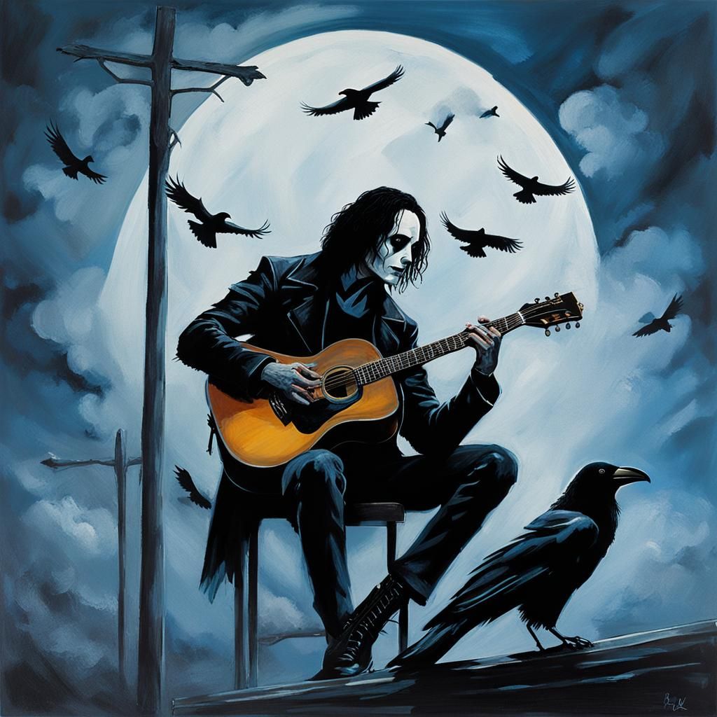 Gothic Guitarist with Crow: Brandon Lee Acrylic Painting