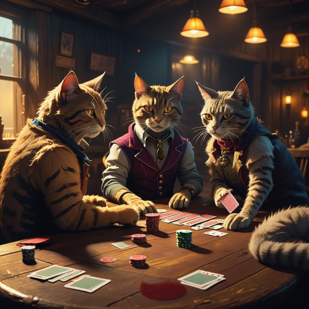 Stylized Cats Playing Poker in Mystical Tavern