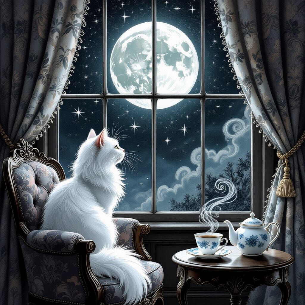 White Cat Gazing at Moon, Charcoal Drawing