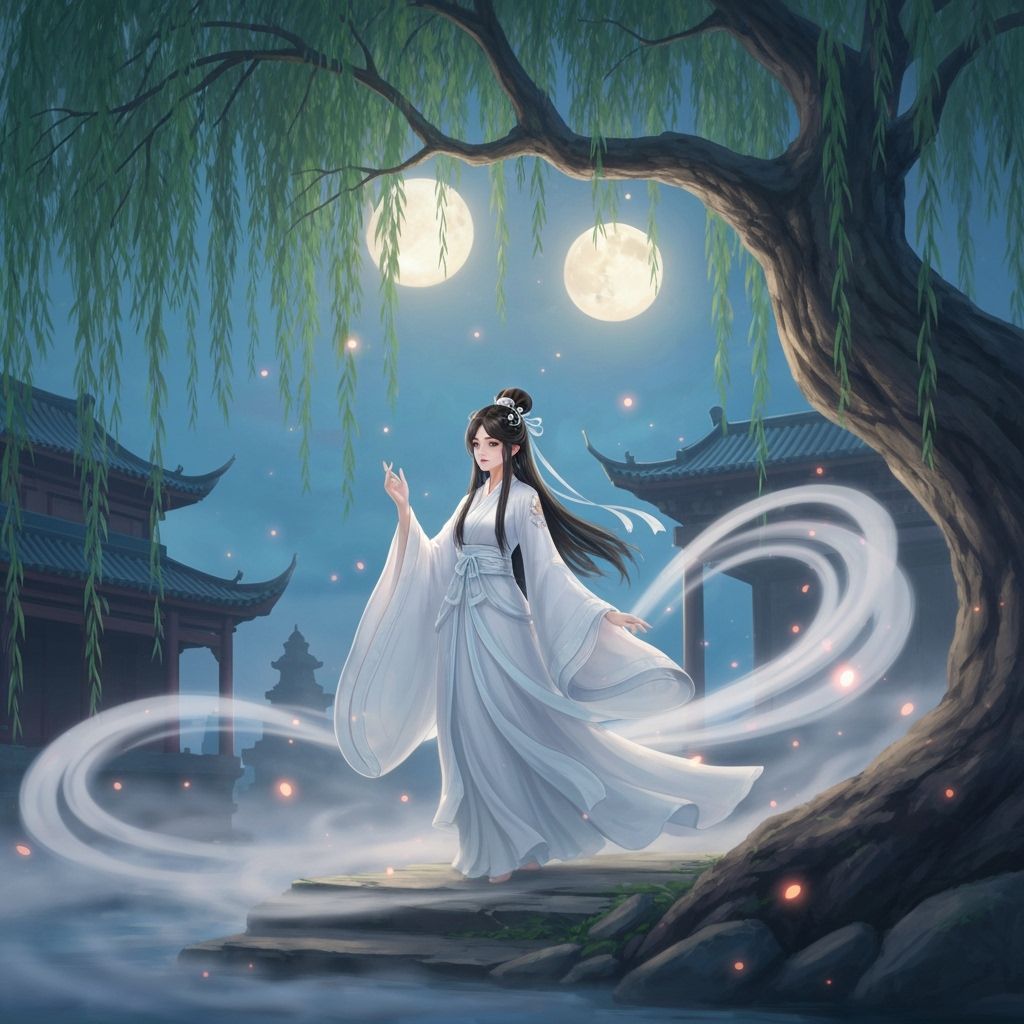 Ethereal Ghost Maiden Under Moonlit Willow Tree