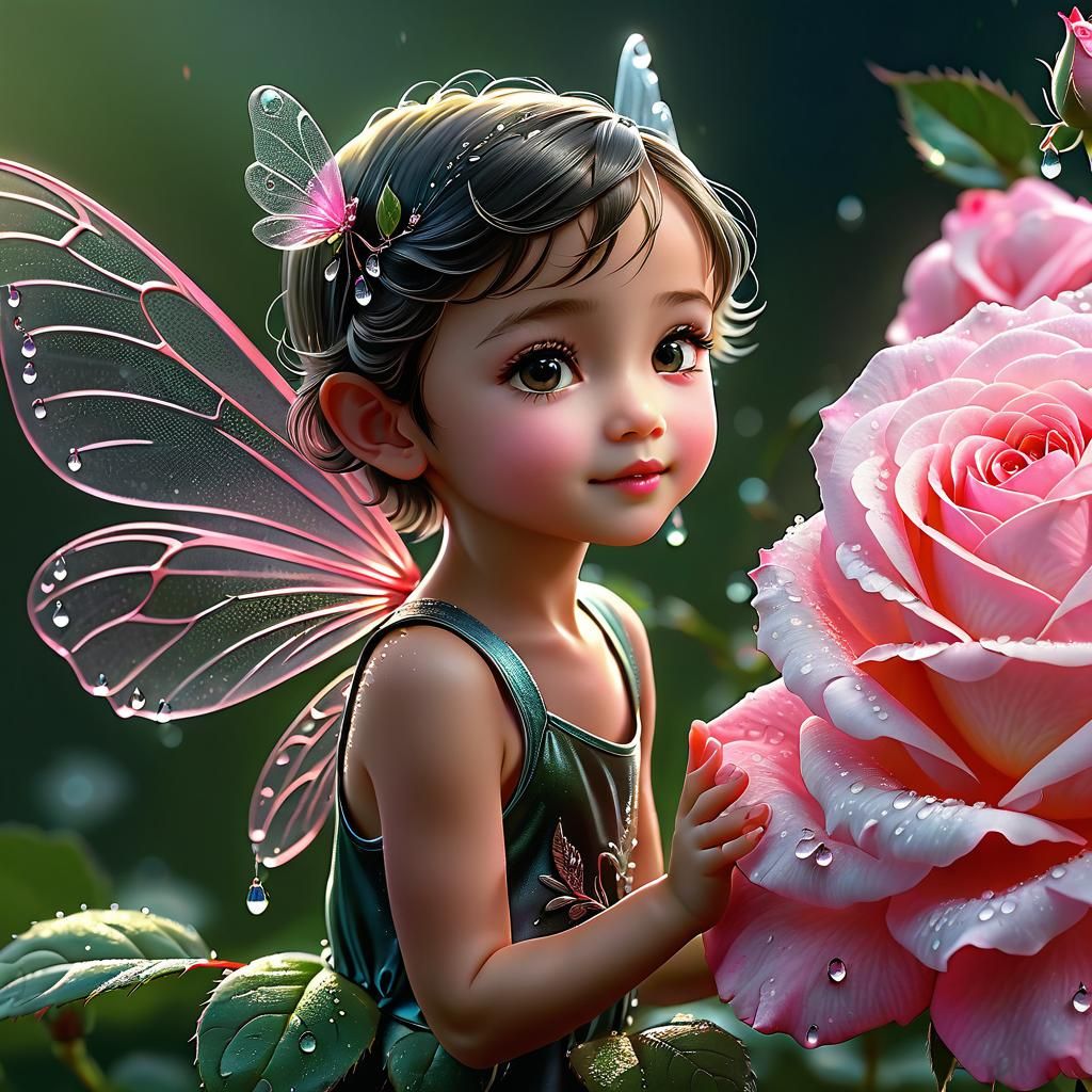 Delicate Fairy Adorning Rose with Dewdrops