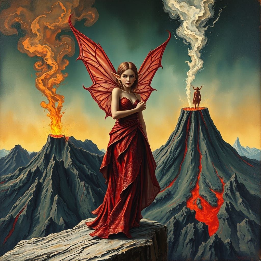 Red Fairy Elf in Impasto Volcano Landscape