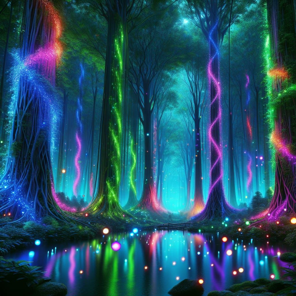 Mystical Forest with Luminescent Orbs in 3D Render